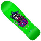 The Powell Peralta Deck Chris Hiett 9.5x32.1 Skull Pro Shaped features a vibrant green design with a cartoon skeleton in a suit, blue spiky hair, emerging jack-in-the-box style from a pink coffin, signed and logoed—Chris pro graphic x VCJ collaboration.