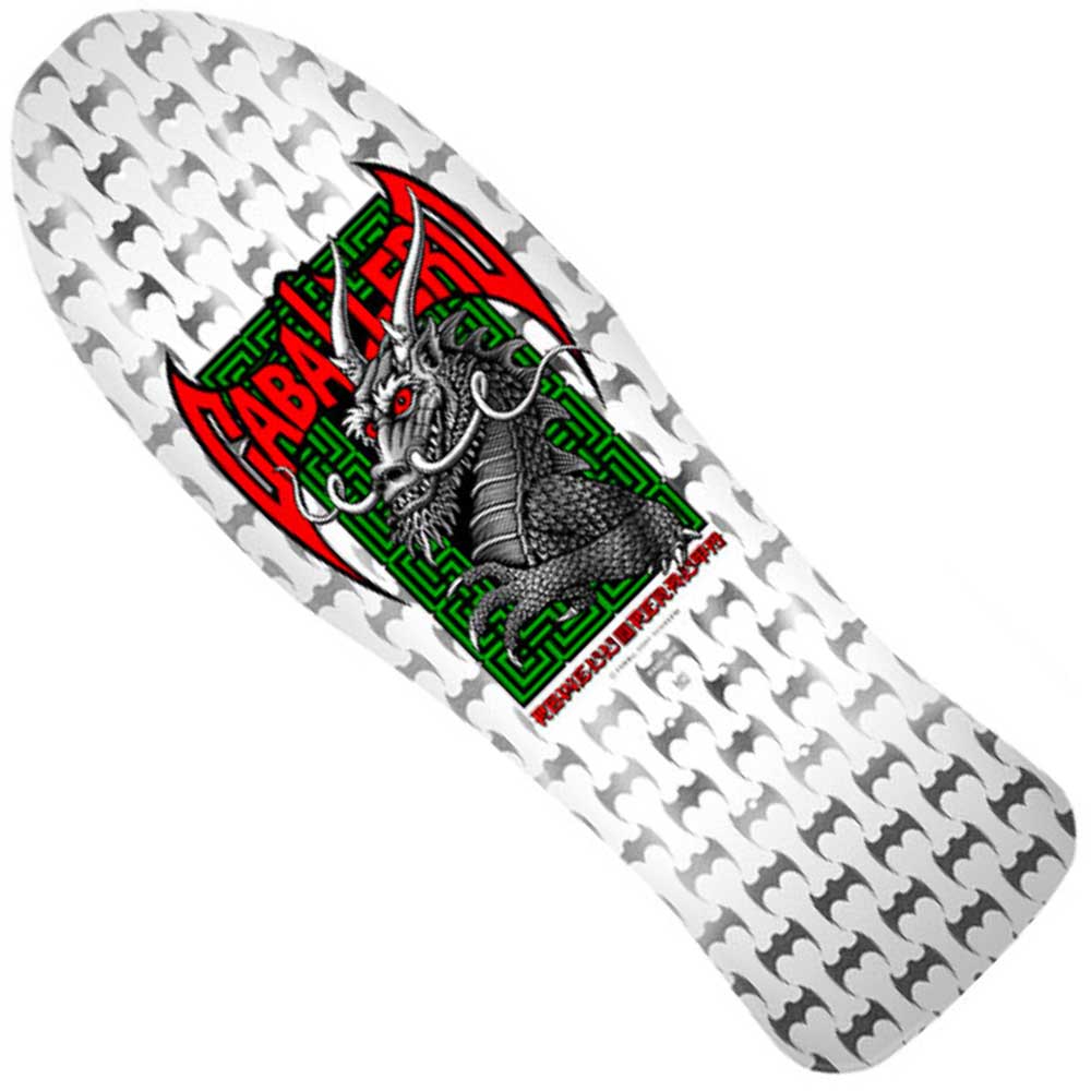 The Powell Peralta Deck Steve Caballero Bones Brigade Series 17 is a limited edition white skateboard made from US hard rock maple, featuring black and gray dragon scales, a bold dragon head graphic, and “CABALLERO” text on a red and green geometric background.