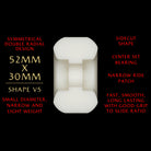 The Powell Peralta Dragons 93A V5 Skateboard Wheel is white with a symmetrical, narrow, and lightweight design, sidecut shape, center set bearing, and measures 52mm x 30mm (93A durometer).