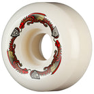 The Powell Peralta Dragons 93A V5 skateboard wheels (52mm x 30mm) are narrow, lightweight, and feature a white design with a red/yellow dragon circling the center plus geometric symbols—part of the Dragon Formula lineup.