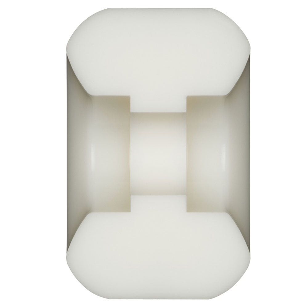 A white, cylindrical Powell Peralta Dragons 93A skateboard wheel in the V6 symmetrical shape with a recessed center groove and rounded edges is photographed against a plain background. Measuring 53mm x 33mm with a medium ride patch and a hardness of 93A, this component is reminiscent of other sliding or guiding mechanisms.