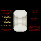 Experience a fast and smooth ride with the Powell Peralta Dragons 93A - V6 Symmetrical Shape - Medium Ride Patch - 53mm x 33mm skateboard wheels. These white wheels feature a center set bearing, sidecut shape, symmetrical double radial design, and a medium ride patch in the V6 shape. Crafted with Dragon Formula at 93A hardness, they offer an ideal balance of grip and slide for versatile skateboarding.
