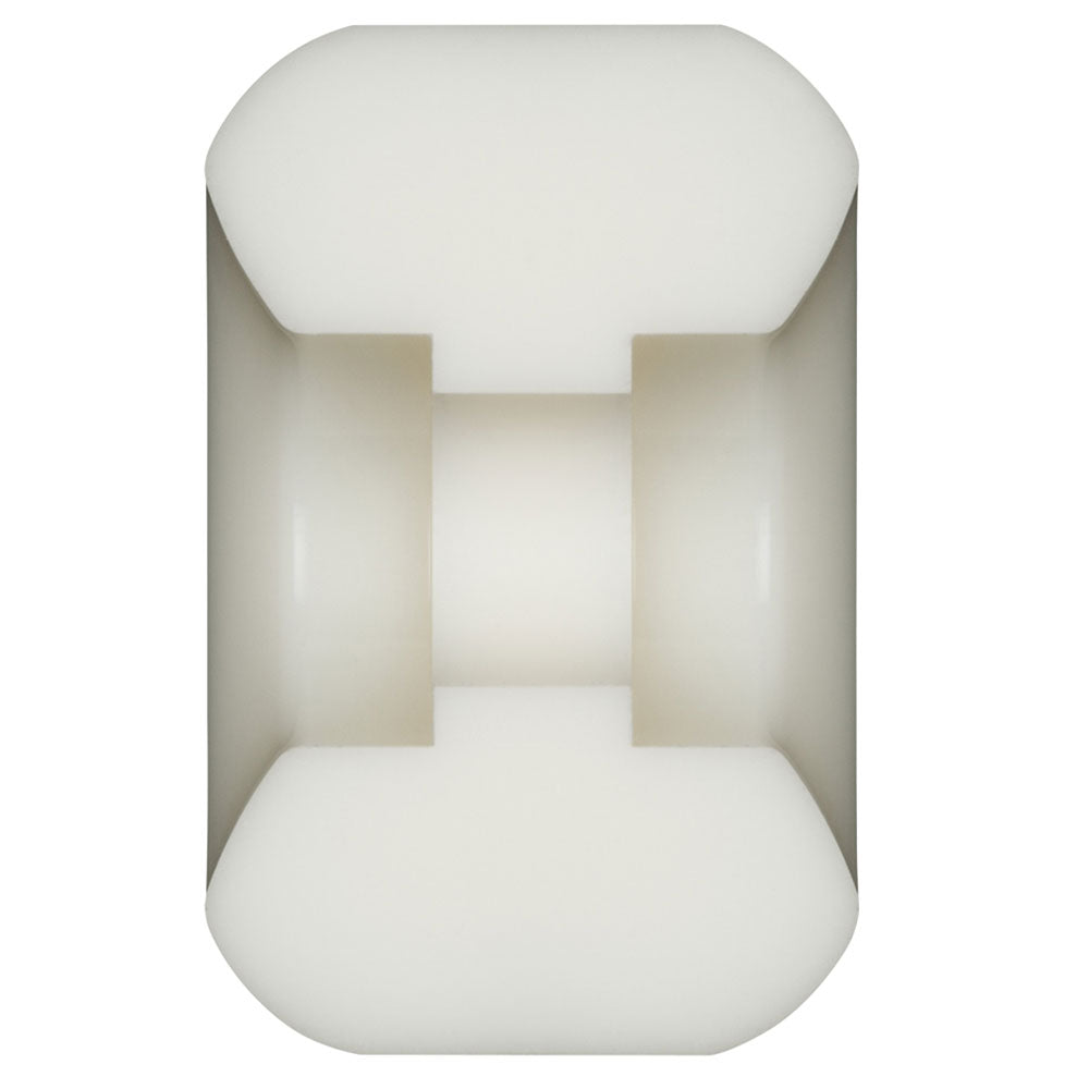 White plastic cylindrical object with a groove cut around its center and rounded ends, resembling the shape of Powell Peralta 93A Dragon Formula Skateboard Wheels (55mm x 35mm, Shape V6), photographed against a plain white background.