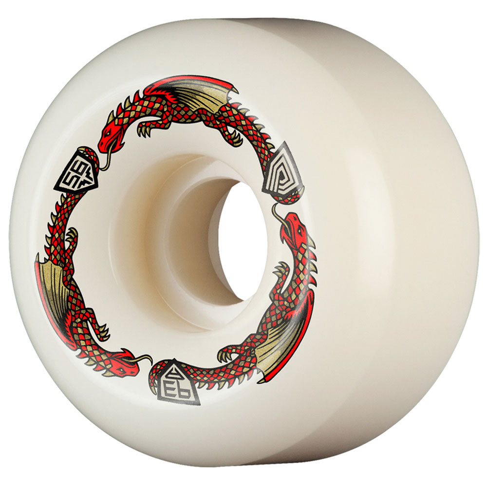 Powell Peralta Dragons 93A V6 Symmetrical Shape wheels feature a white design with a red and gold dragon graphic encircling the hub, accented by black geometric symbols near the dragon’s head and tail. Measuring 56mm x 36mm in a medium ride patch and crafted from high rebound urethane, these Dragon Formula wheels deliver exceptional grip and speed for versatile skate performance.