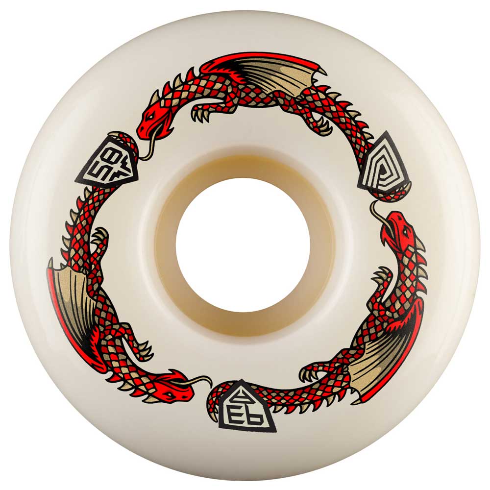 The Powell Peralta Dragons 93A V7 Symmetrical Shape Medium Ride Patch 58mmx38mm Skateboard Wheels showcase a white design featuring two red dragons circling each other with geometric symbols in between, capturing the iconic style of the Dragon Formula series.