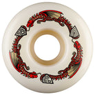 The Powell Peralta Dragons 93A V7 Symmetrical Shape Medium Ride Patch 58mmx38mm Skateboard Wheels showcase a white design featuring two red dragons circling each other with geometric symbols in between, capturing the iconic style of the Dragon Formula series.