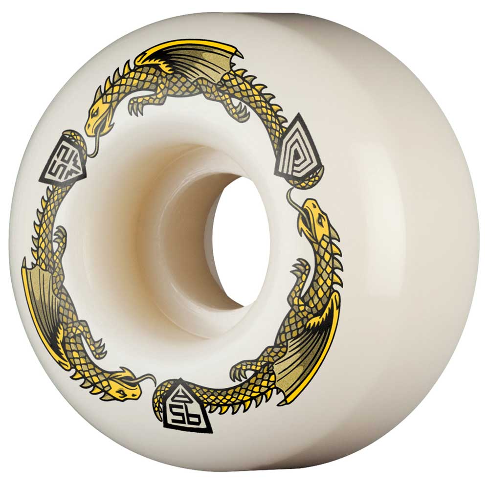 The Powell Peralta Dragons 95A V1 Skateboard Wheel (52mm x 31mm) features a circular design with two yellow and black dragons facing each other, forming a ring on the white, V1 symmetrical, narrow ride patch wheel.