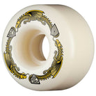 The Powell Peralta Dragons 95A V4 Symmetrical 54mm wheels feature a white design with a yellow dragon and geometric details; their 95A formula offers the perfect balance of grip and slide for versatile skate performance.