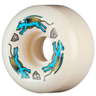 The Powell Peralta Dragons 97A Nano Rats Skateboard Wheels (54mm x 34mm) feature two blue winged rat graphics and three black geometric symbols, designed for high rebound performance with AV6 symmetrical shape and medium ride patch.
