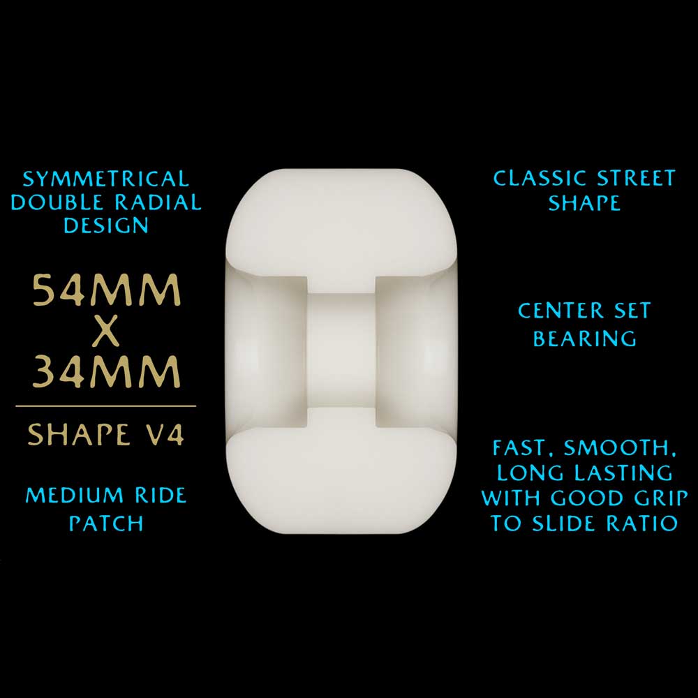 Powell Peralta Dragons 97A V4 skateboard wheels feature a symmetrical double radial shape, center set bearing, medium ride patch, and 54mm x 34mm size. These 97A wheels are fast, smooth, durable, grippy, and great for classic street skating.