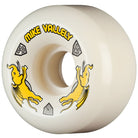 The Powell Peralta Mike Vallely Pro Dragons 95A V6 Symmetrical Shape wheels (56mm x 36mm) feature bold yellow elephant graphics and Mike Vallely’s name, offering a medium ride patch—ideal for durable skateboarding performance.