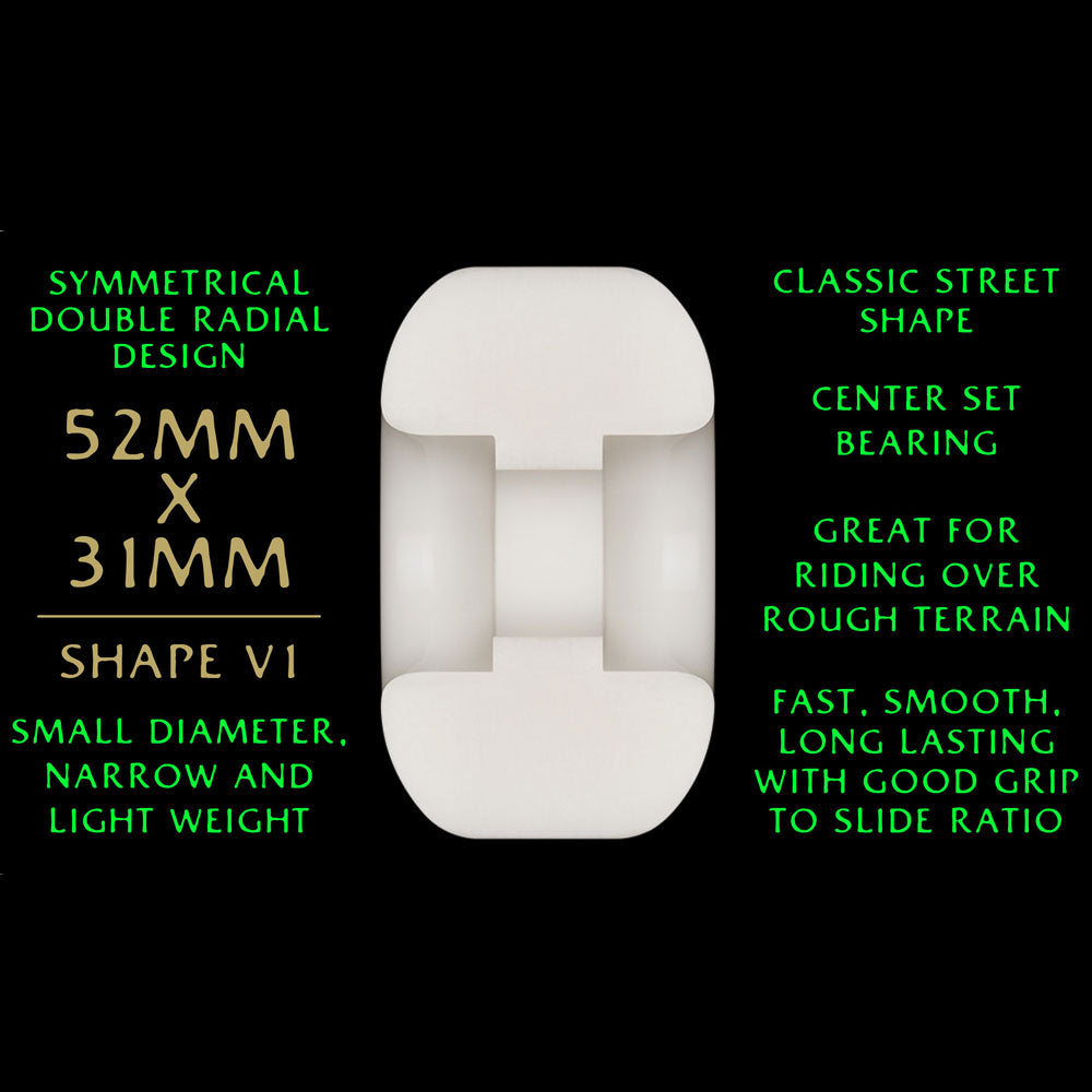 A white Powell Peralta Nano Rats 88A V1 asymmetrical skateboard wheel (52mm x 31mm, narrow, lightweight) is shown on a black background with text highlighting its durability, grip, and suitability for street skating.