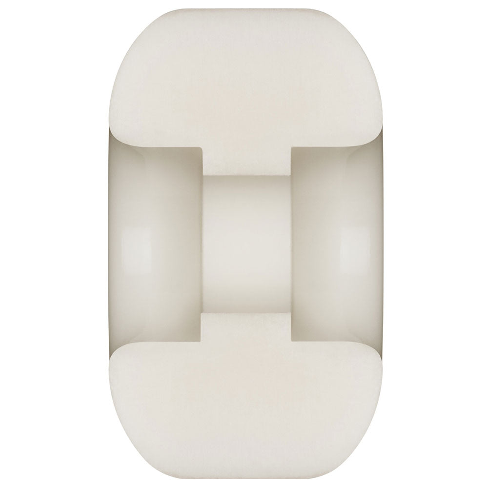 Cross-sectional view of a Powell Peralta Nano Rats 88A V1 Skateboard Wheel (52mm x 31mm, narrow, lightweight, asymmetrical shape), with a smooth white plastic finish, central hole, rounded edges, and visible inner structure.