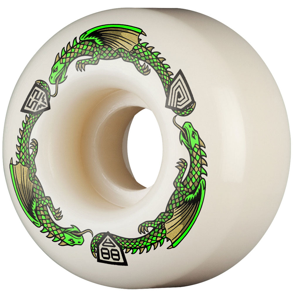 The Powell Peralta Nano Rats 88A wheels feature a white, narrow, lightweight V1 asymmetrical shape (52mm x 31mm, 88A), perfect for skaters seeking durable performance and control. The design includes a bold geometric green dragon ring around the center.