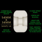 The Powell Peralta Nano Rats 88A - V4 Symmetrical Double Radial skateboard wheels are shown front and side, featuring a medium ride patch, 54mm x 34mm size, center set bearing, classic street shape, and smooth grip slide for rough terrain.