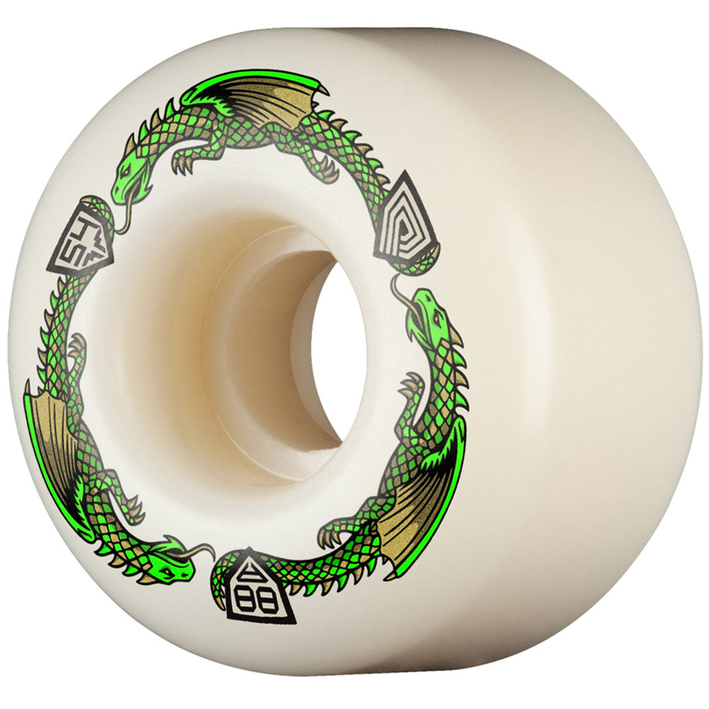 The Powell Peralta Nano Rats 88A V4 skateboard wheel features green dragons circling a white 54mm x 34mm design with geometric symbols, crafted in durable Dragon Formula for ideal grip and slide.