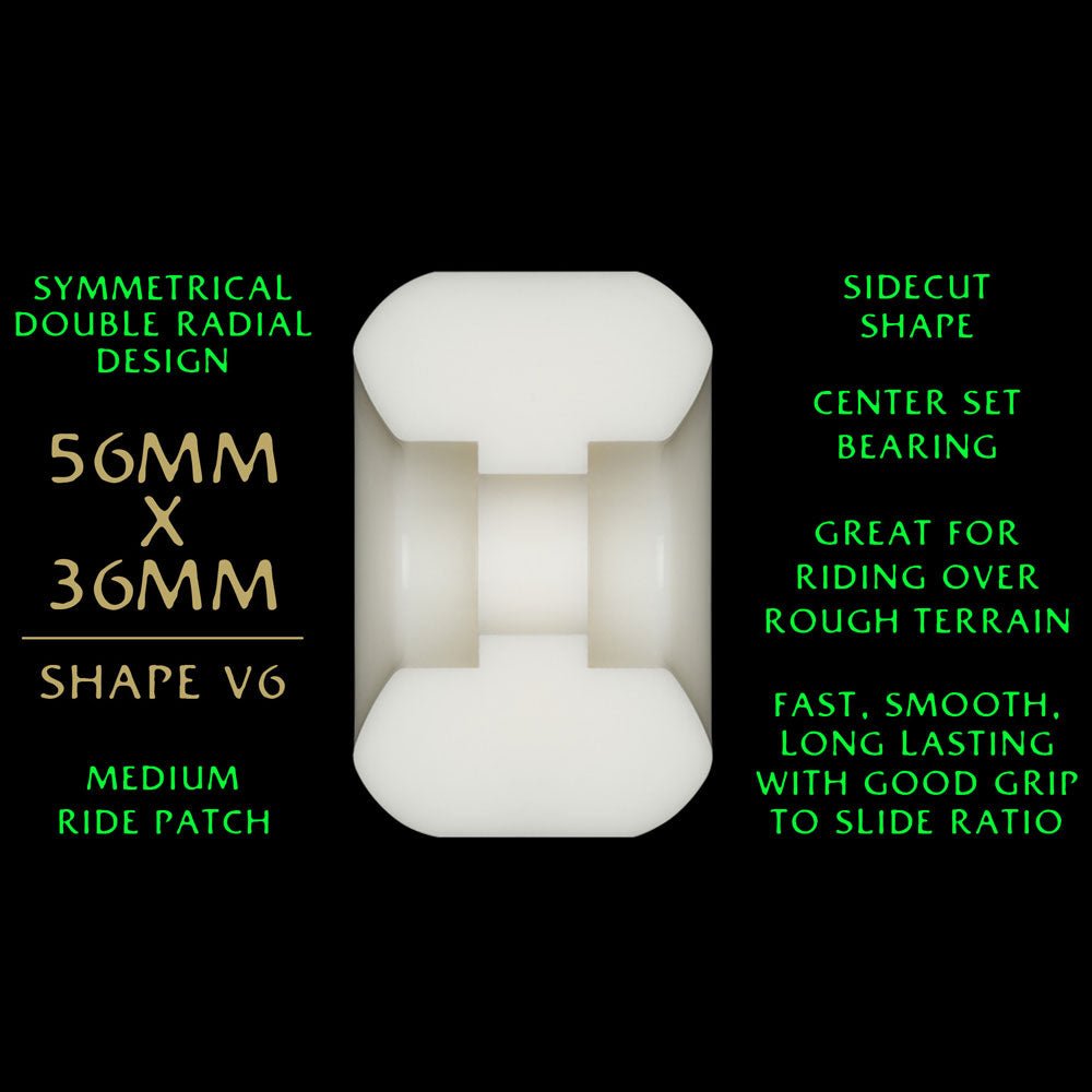 The Powell Peralta Nano Rats 88A wheels (56mm x 36mm, V6 symmetrical double radial shape) offer a medium ride patch and are designed for excellent grip and slide on rough terrain.