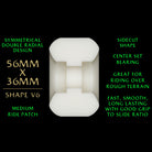 The Powell Peralta Nano Rats 88A wheels (56mm x 36mm, V6 symmetrical double radial shape) offer a medium ride patch and are designed for excellent grip and slide on rough terrain.