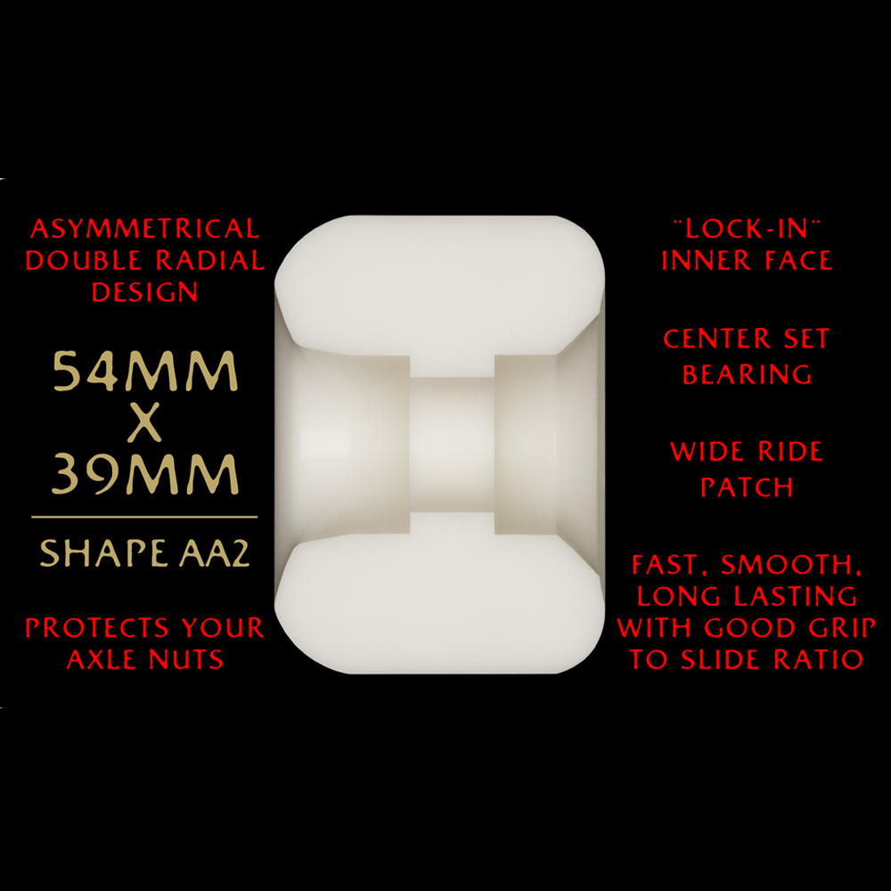 The Powell Peralta Nano Rats 93A AA2 Skateboard Wheels feature a 54mm x 39mm size, asymmetrical AA2 shape, wide ride patch, and offer an ideal grip-to-slide ratio with axle nut protection for enhanced performance.