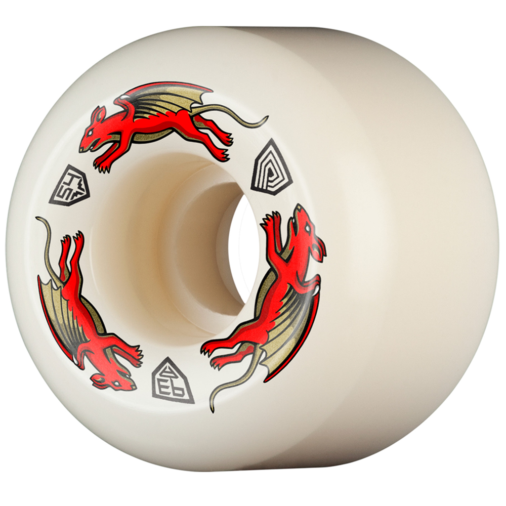 The Powell Peralta Nano Rats 93A AA2 skateboard wheels (54mm x 39mm) feature a white surface with two red winged dragon-like creatures and small geometric symbols, crafted for smooth rides with Dragon Formula and an asymmetrical wide ride patch.