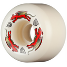 The Powell Peralta Nano Rats 93A AA2 skateboard wheels (54mm x 39mm) feature a white surface with two red winged dragon-like creatures and small geometric symbols, crafted for smooth rides with Dragon Formula and an asymmetrical wide ride patch.