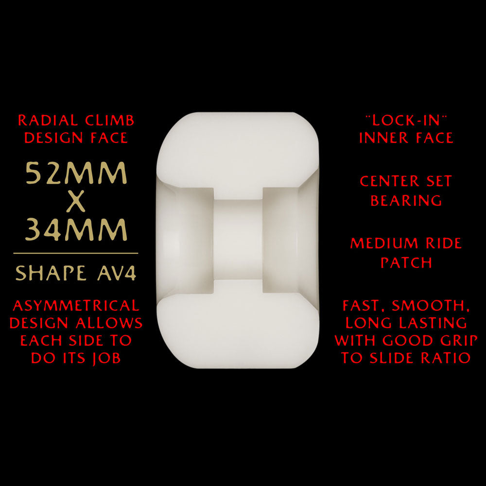 A white Powell Peralta Nano Rats 93A AV4 wheel (52mm x 34mm) is shown side-on and in cross-section, with red text highlighting its AV4 asymmetrical shape, medium ride patch, lock-in inner face, and smooth ride.