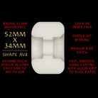 The Powell Peralta Nano Rats 93A AV4 skateboard wheel, shown in white, features a 52mm x 34mm size, AV4 asymmetrical shape with radial climb outer face, lock-in inner face, and a medium ride patch.