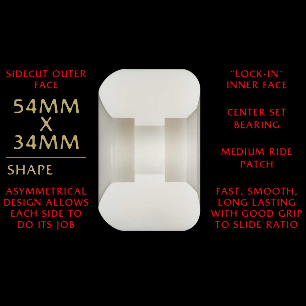 The Powell Peralta Nano Rats 93A AV4 wheels are shown in white, featuring an asymmetrical shape, medium ride patch, center set bearing, and DF-93A urethane in 54mm x 34mm for fast, smooth rides with optimal grip to slide ratio.