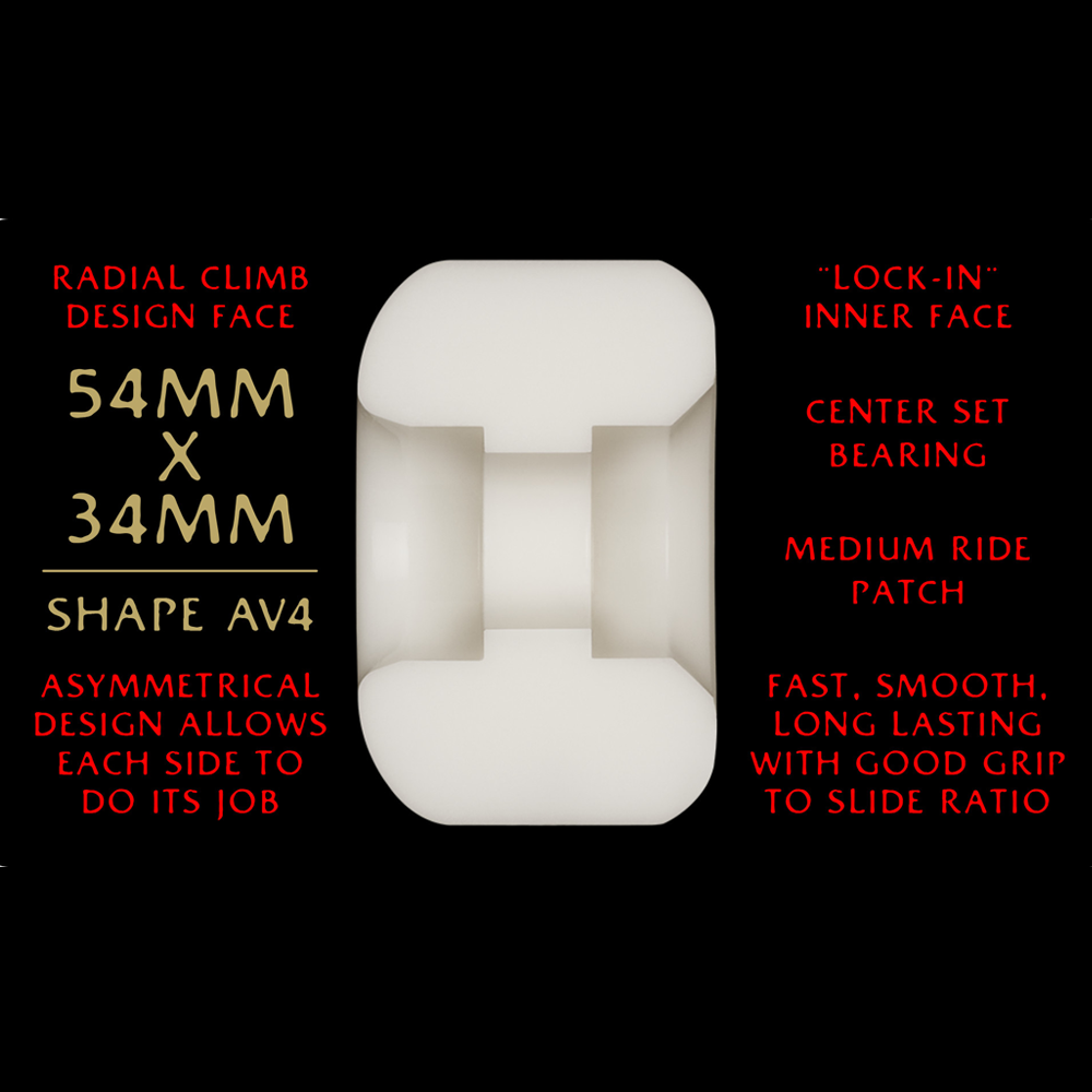 A Powell Peralta Nano Rats 93A AV4 wheel with an asymmetrical shape is centered on a black background, featuring its 54mm x 34mm size and medium ride patch. Product specs and features are shown in bold red and yellow text.
