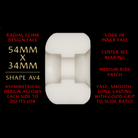 A Powell Peralta Nano Rats 93A AV4 wheel with an asymmetrical shape is centered on a black background, featuring its 54mm x 34mm size and medium ride patch. Product specs and features are shown in bold red and yellow text.