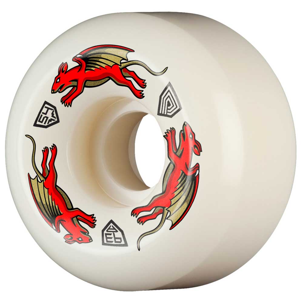The Powell Peralta Nano Rats 93A AV4 Skateboard Wheel (54mm x 34mm) features medium ride patch, asymmetrical shape, and white DF-93A urethane with two red winged dragon-like creatures and three geometric symbols around the center.