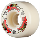The Powell Peralta Nano Rats 93A AV4 Skateboard Wheels (54mm x 34mm) feature white urethane, three red winged dragon-like graphics, and geometric symbols—a standout from the Medium Ride Patch asymmetrical AV4 series.