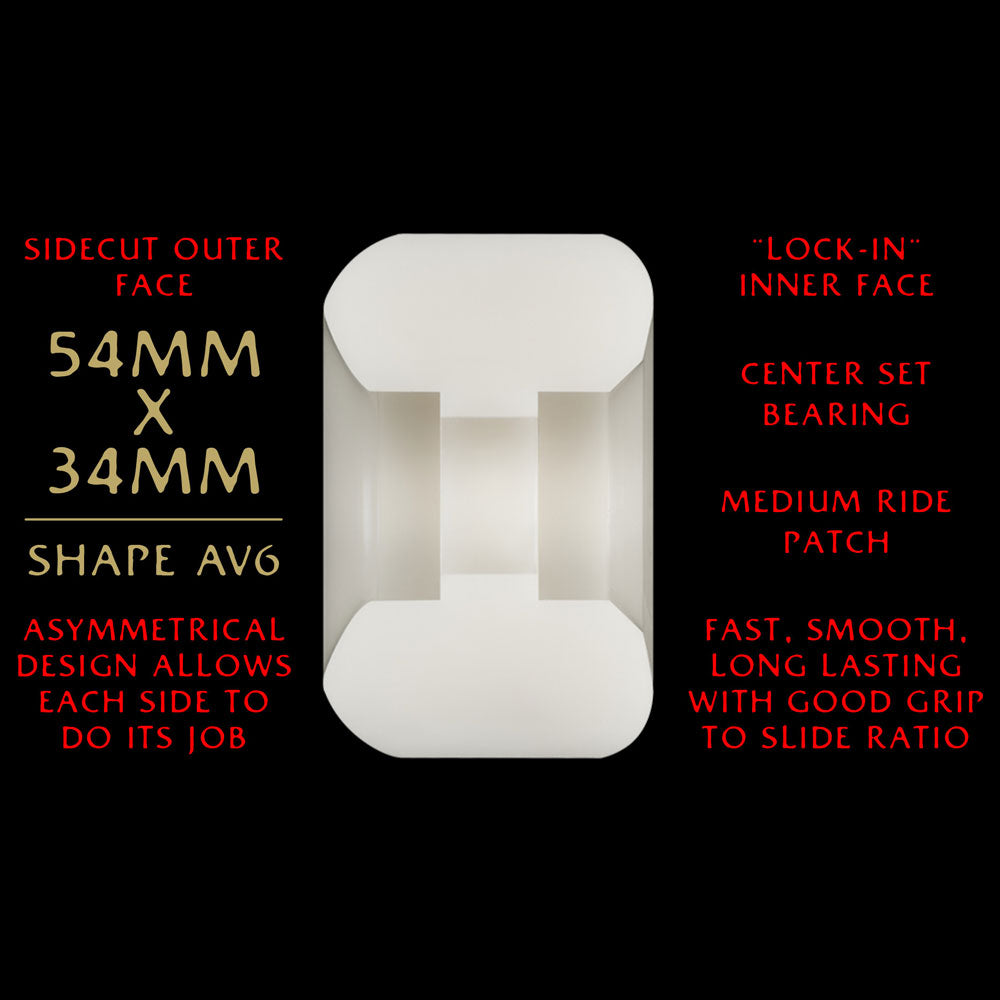 The Powell Peralta Nano Rats 93A - AV6 Asymmetrical Shape skateboard wheels (54mm x 34mm) feature a medium ride patch and Dragon Formula for a fast, smooth ride with sidecut, lock-in face, and center seat.