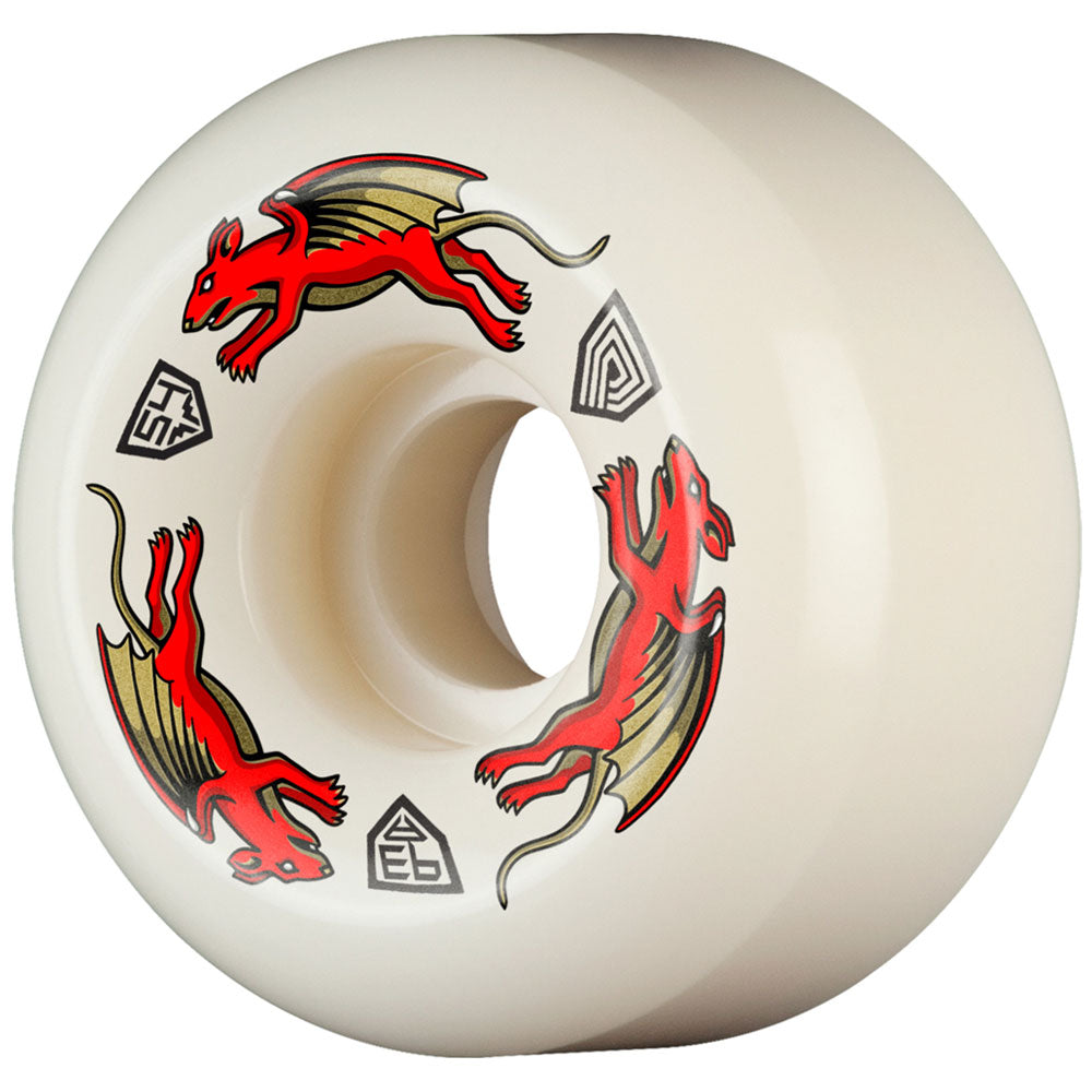 The Powell Peralta Nano Rats 93A AV6 skateboard wheels feature a white design with two red dragons, yellow wings, and black geometric symbols. They come in an asymmetrical 54mm x 34mm shape with medium ride patch and Dragon Formula’s 93A hardness.