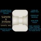Powell Peralta Nano Rats 97A AA2 skateboard wheels feature a white asymmetrical double radial design, wide ride patch, 54mm x 39mm size, good grip-to-slide ratio, lock-in inner face, and axle nut protection.