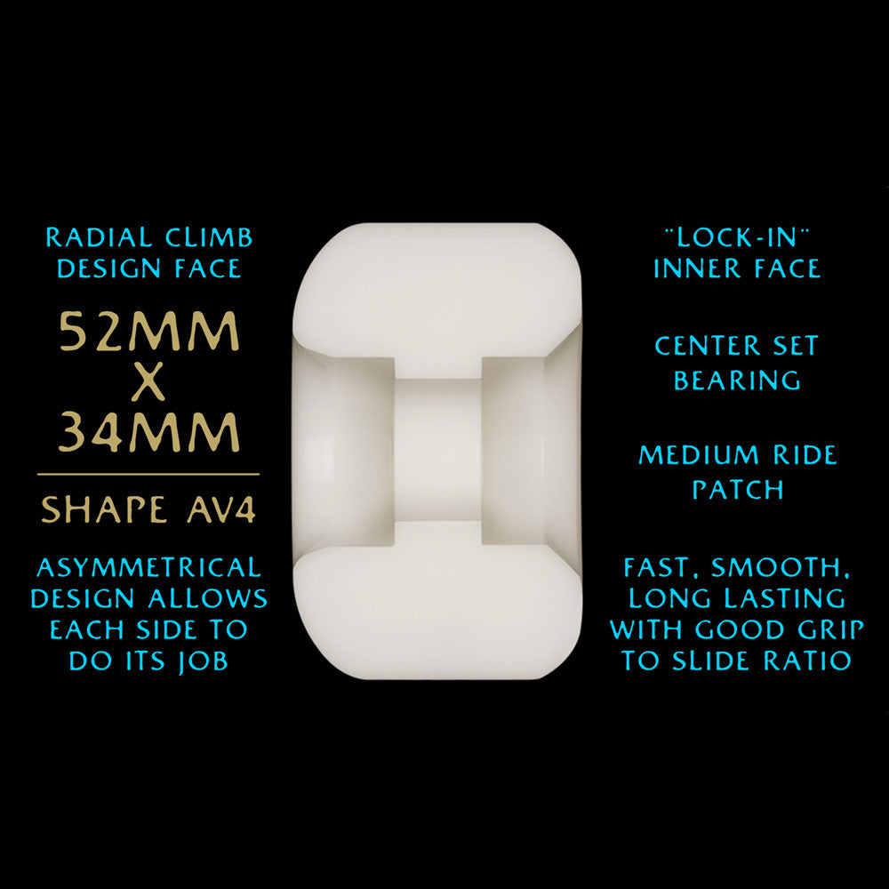 The Powell Peralta Nano Rats 97A AV4 Wheels, sized 52mm x 34mm, feature an asymmetrical AV4 shape with a medium ride patch for fast, smooth performance and excellent grip-to-slide ratio.