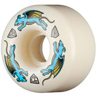 The Powell Peralta Nano Rats 97A AV4 skateboard wheels (52mm x 34mm) feature blue winged rat graphics and geometric symbols—97A hardness, AV4 asymmetrical shape, medium ride patch—for unique style and skatepark performance.