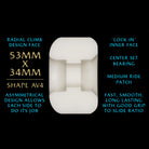 The Powell Peralta Nano Rats 97A AV4 Skateboard Wheels feature a 53mm x 34mm size, asymmetrical AV4 shape, medium ride patch, lock-in face, and center set bearing—ideal for fast, smooth skatepark rides.