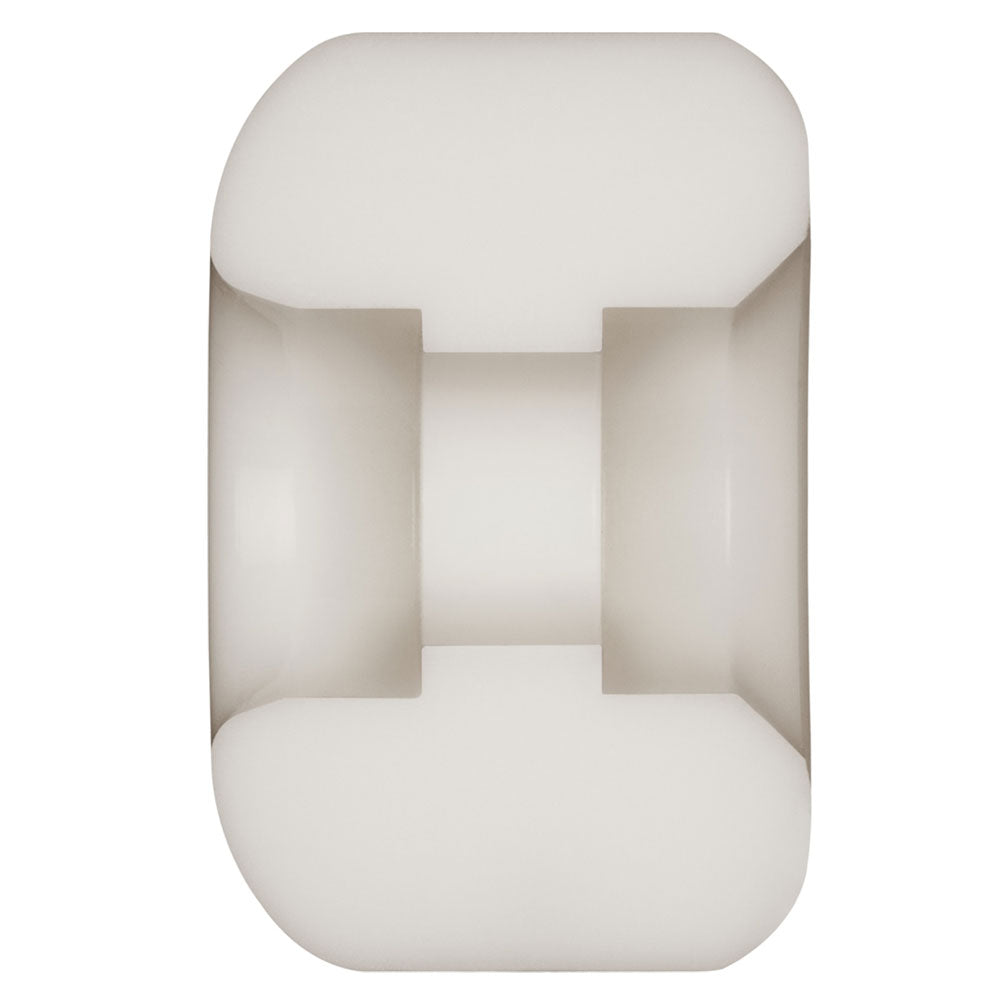 A front-facing view of a Powell Peralta Nano Rats 97A AV4 skateboard wheel—cylindrical, white plastic with a central groove, asymmetrical shape, medium ride patch, and 53mm x 34mm dimensions—on a plain background.