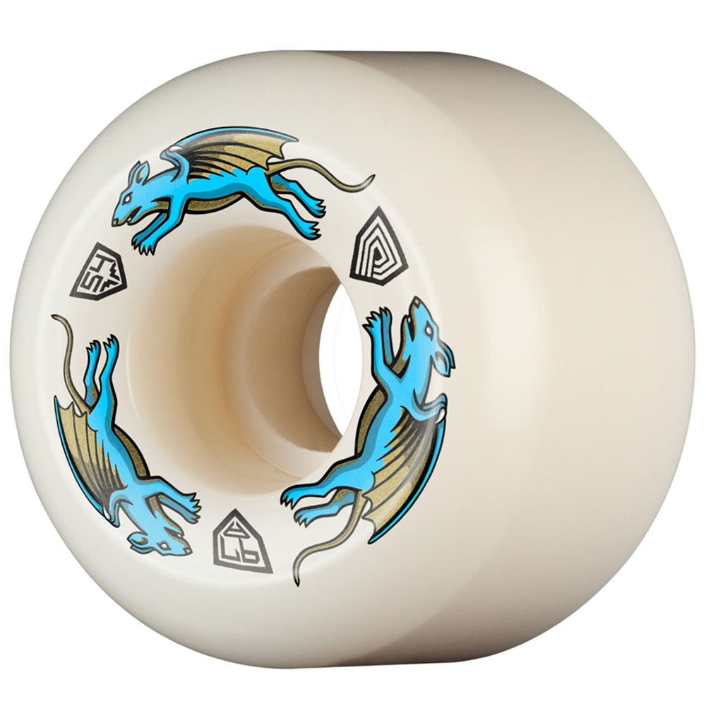 The Powell Peralta Nano Rats 97A AV4 Skateboard Wheels (54mm x 34mm) feature a white design with blue, winged dragon graphics and geometric symbols printed around the center hole, in an asymmetrical wide ride shape.