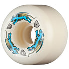 The Powell Peralta Nano Rats 97A AV4 Skateboard Wheels (54mm x 34mm) feature a white design with blue, winged dragon graphics and geometric symbols printed around the center hole, in an asymmetrical wide ride shape.