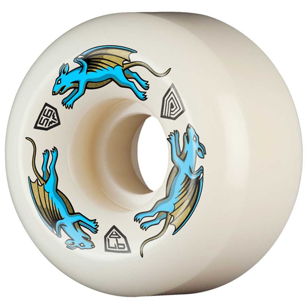 The Powell Peralta Nano Rats 97A AV6 Skateboard Wheel features a white design with two blue, winged lizard illustrations and three geometric symbols—ideal for skaters wanting high rebound, asymmetrical shape, and a medium ride patch at 56mm x 36mm.