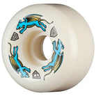 The Powell Peralta Nano Rats 97A AV6 Skateboard Wheel features a white design with two blue, winged lizard illustrations and three geometric symbols—ideal for skaters wanting high rebound, asymmetrical shape, and a medium ride patch at 56mm x 36mm.