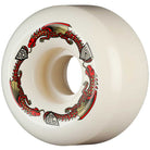 The Powell Peralta Wheels Dragon Formula Side Cut 58mm93A 33MM features a white wheel with an intricate design of two red dragons in a circular chase, accented by geometric symbols, crafted in the iconic Dragon Formula.