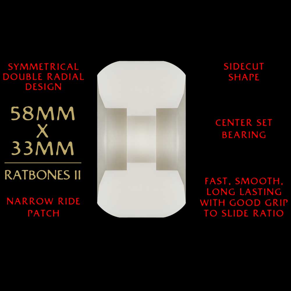 A diagram of Powell Peralta Wheels Dragon Formula Side Cut 58mm 93A 33mm showing the symmetrical double radial design, center set bearing, sidecut shape, narrow ride patch, plus text noting grip and smooth slide.