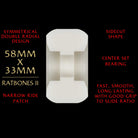 A diagram of Powell Peralta Wheels Dragon Formula Side Cut 58mm 93A 33mm showing the symmetrical double radial design, center set bearing, sidecut shape, narrow ride patch, plus text noting grip and smooth slide.