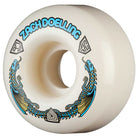 The Powell Peralta Zach Doelling Pro Dragons 97A V1 skateboard wheel is 52mm x 31mm, white, features blue "Zach Doelling" text and a blue dragon graphic with geometric symbols—ideal for street skating with its symmetrical narrow ride patch.