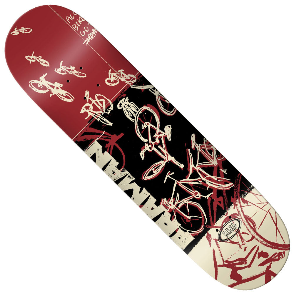 Introducing the Praman Bike Purgatory 8.25x32 Real Skateboard Deck, featuring a bold red, black, and cream color palette accented by abstract bicycle-inspired artwork and the word “HUMAN” prominently displayed across the lower half.
