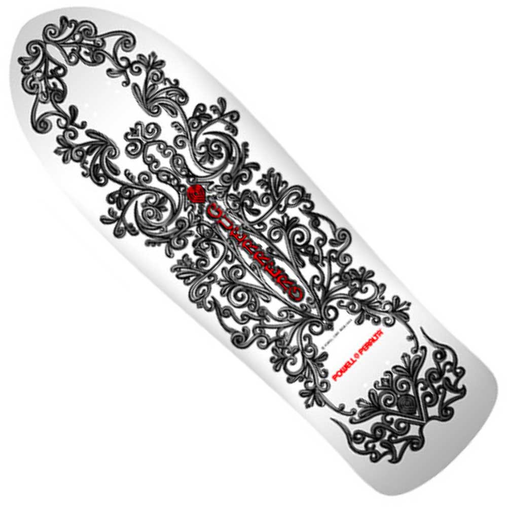 The Powell Peralta Deck Tommy Guerrero Bones Brigade Series 17 features a white US hard rock maple deck with black floral and swirl patterns, red branding, and a design inspired by the iconic 1980s Bones Brigade skateboard series.