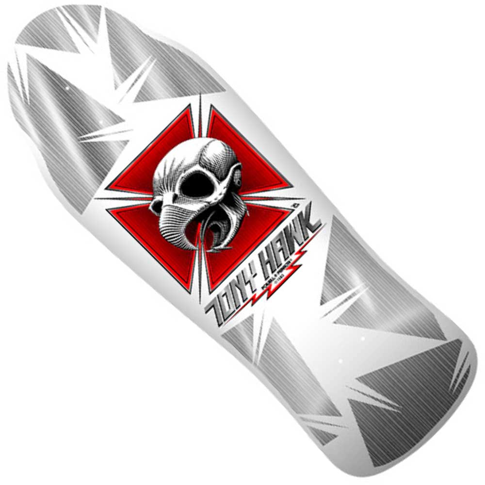 The Powell Peralta Deck Tony Hawk Bones Brigade Series 17 features US hard rock maple, a silver and white geometric design, and a red square with a helmeted skull. "Tony Hawk" is boldly printed below—an authentic 1980s reissue.